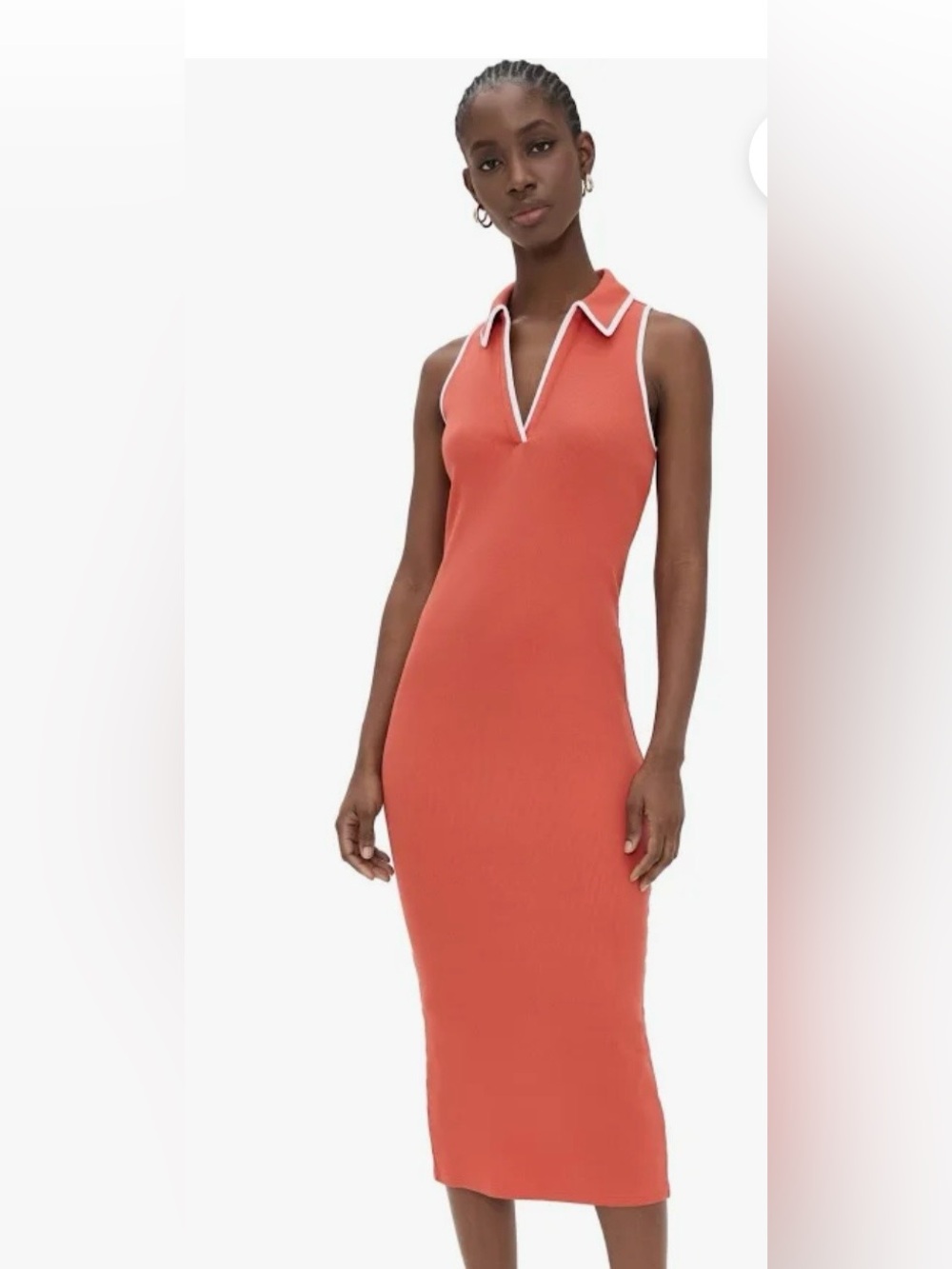 Veronica Beard Orange Ribbed V-Neck Maxi Dress with White Trim